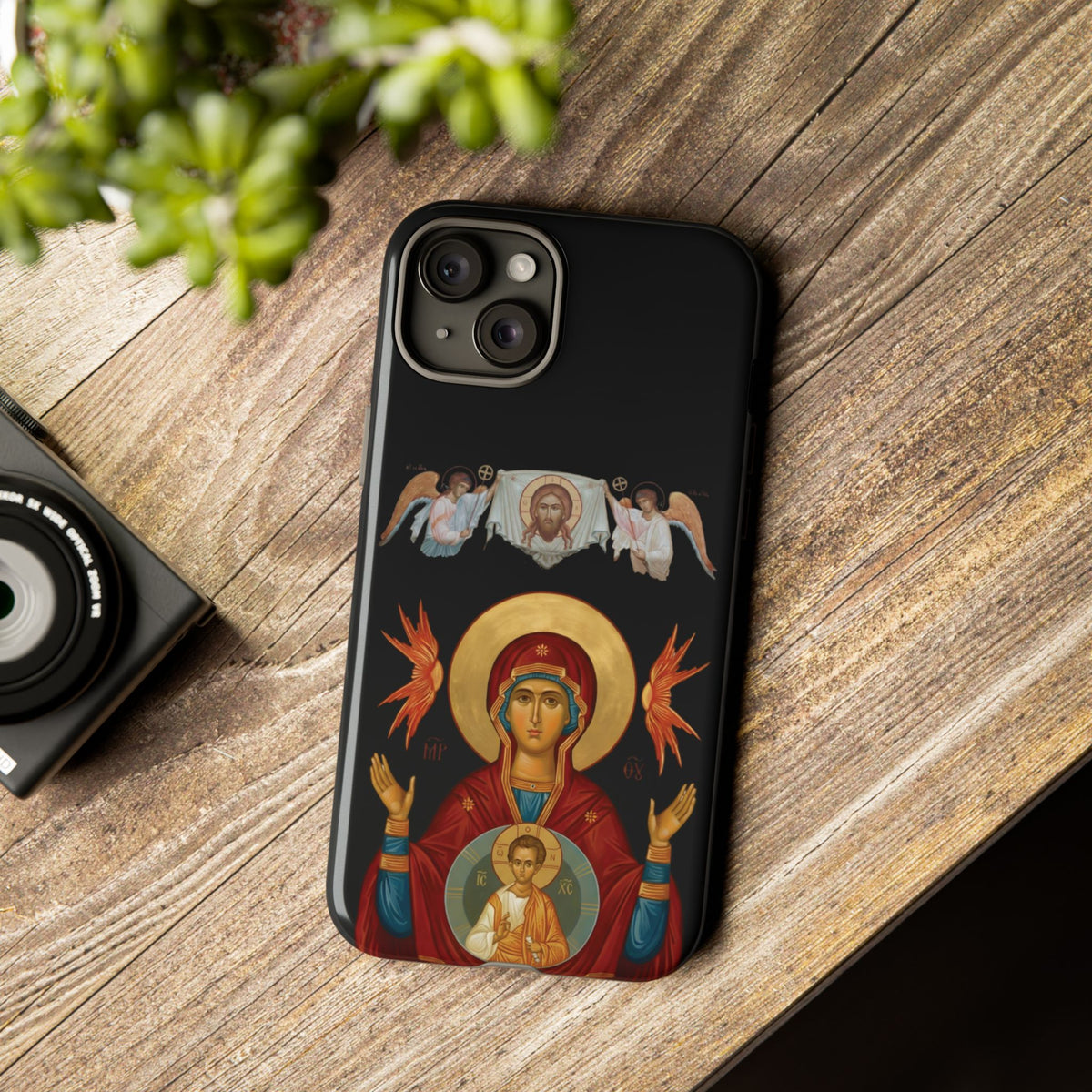 Christelijk telefoonhoesje De Heilige Maagd Maria zwart mat