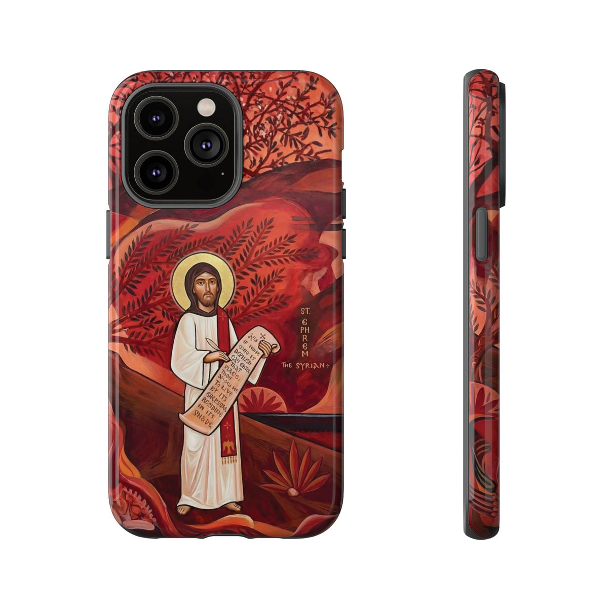 Christelijk telefoonhoesje Sint-Efrem de Syriër rood mat