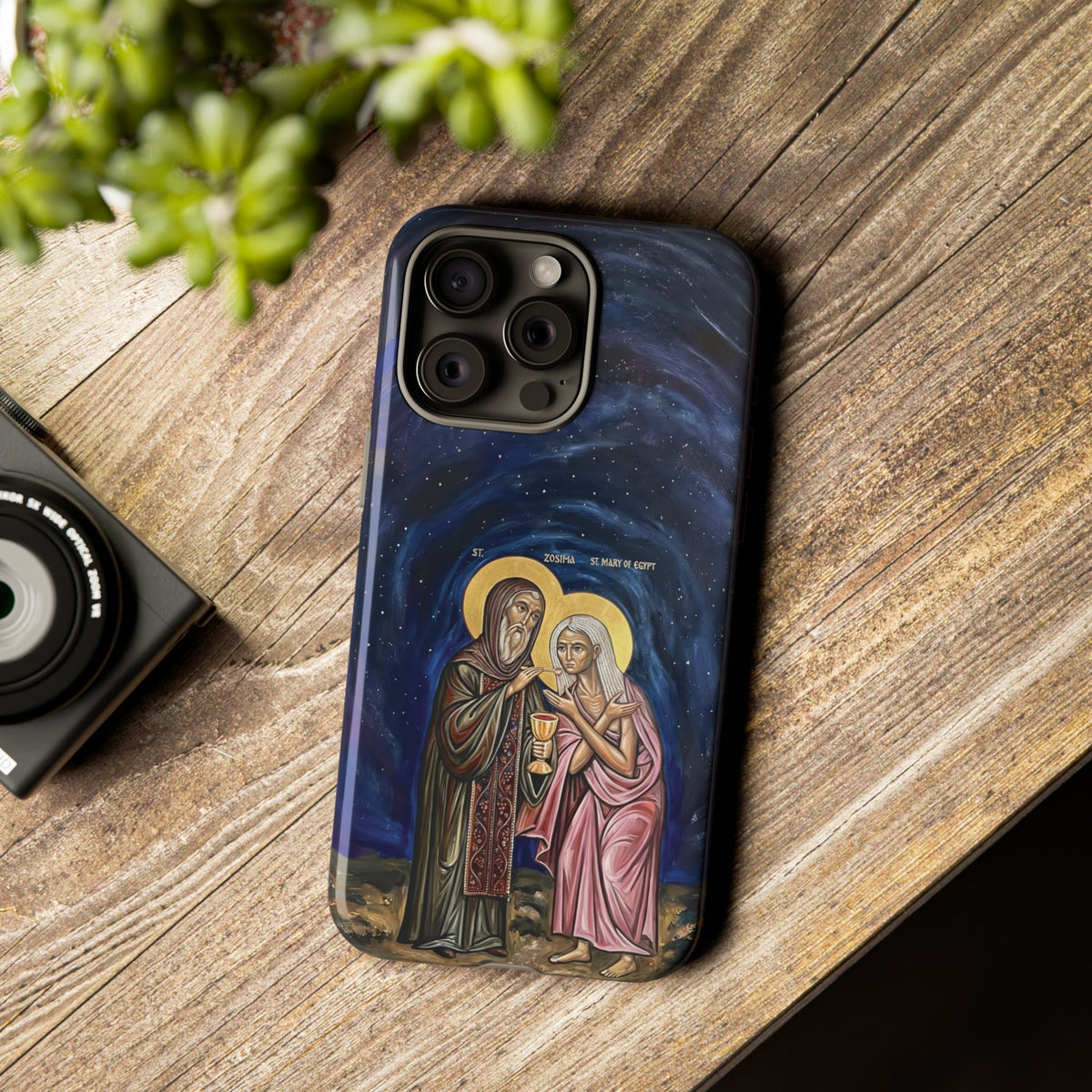 Christelijk telefoonhoesje Maria van Egypte en Sint-Zosimas donkerblauw mat