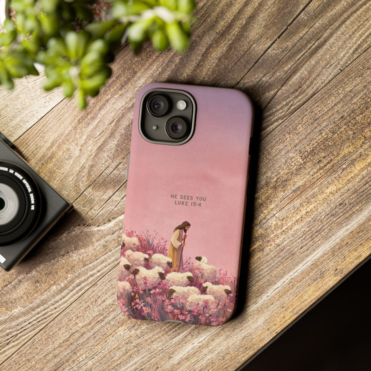 Christelijk telefoonhoesje Hij ziet jou roze mat