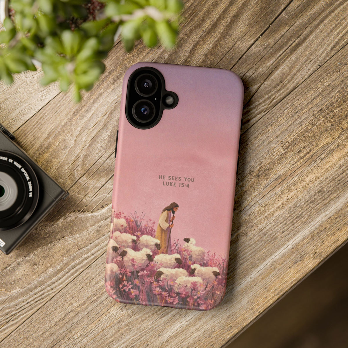 Christelijk telefoonhoesje Hij ziet jou roze mat