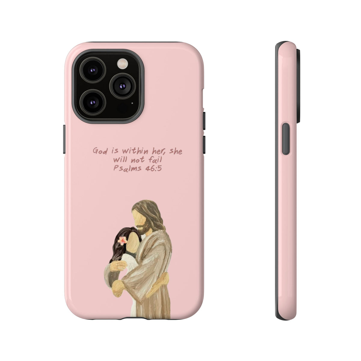 Christelijk telefoonhoesje God is in haar roze mat