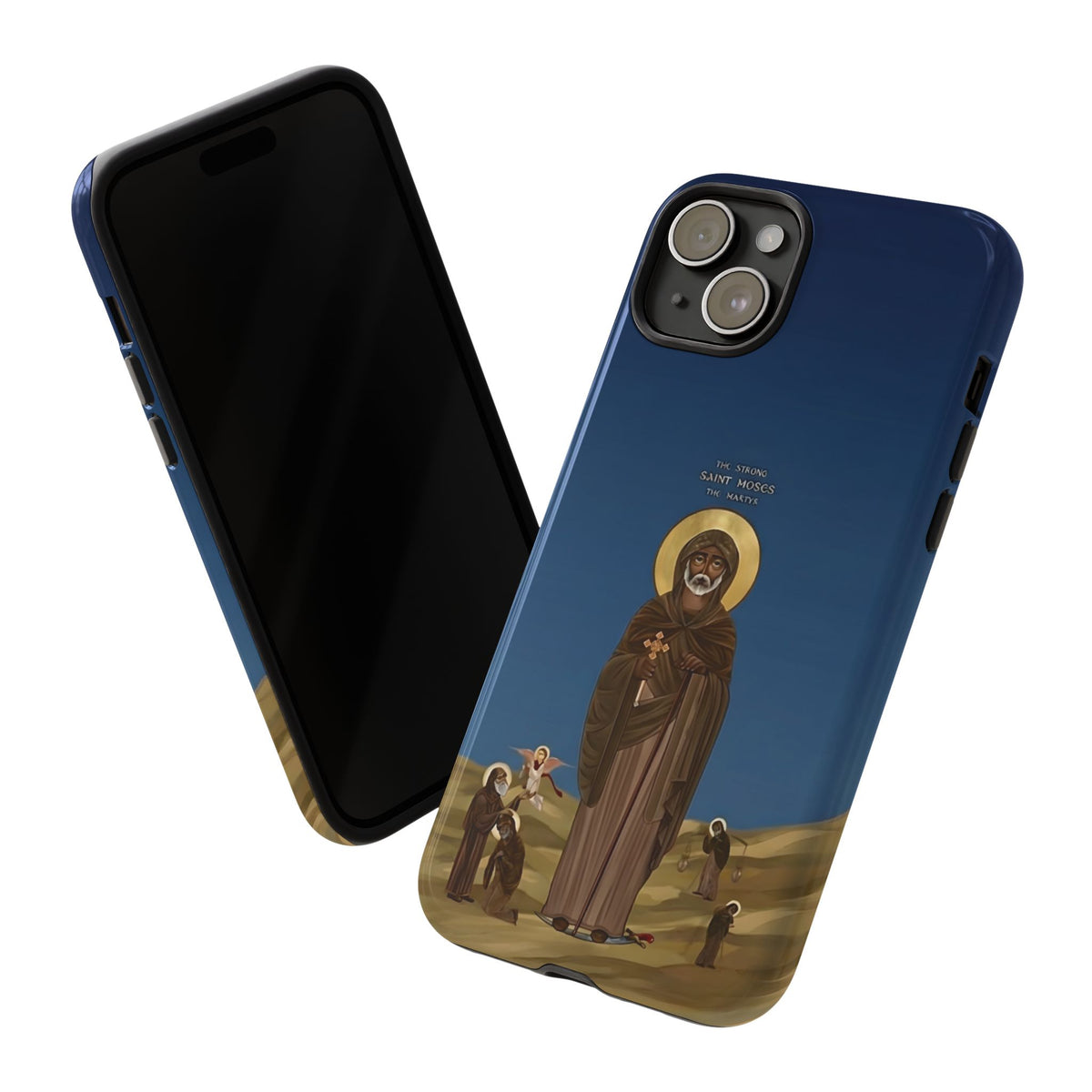 Christelijk telefoonhoesje Sint-Mozes de Sterke blauw mat