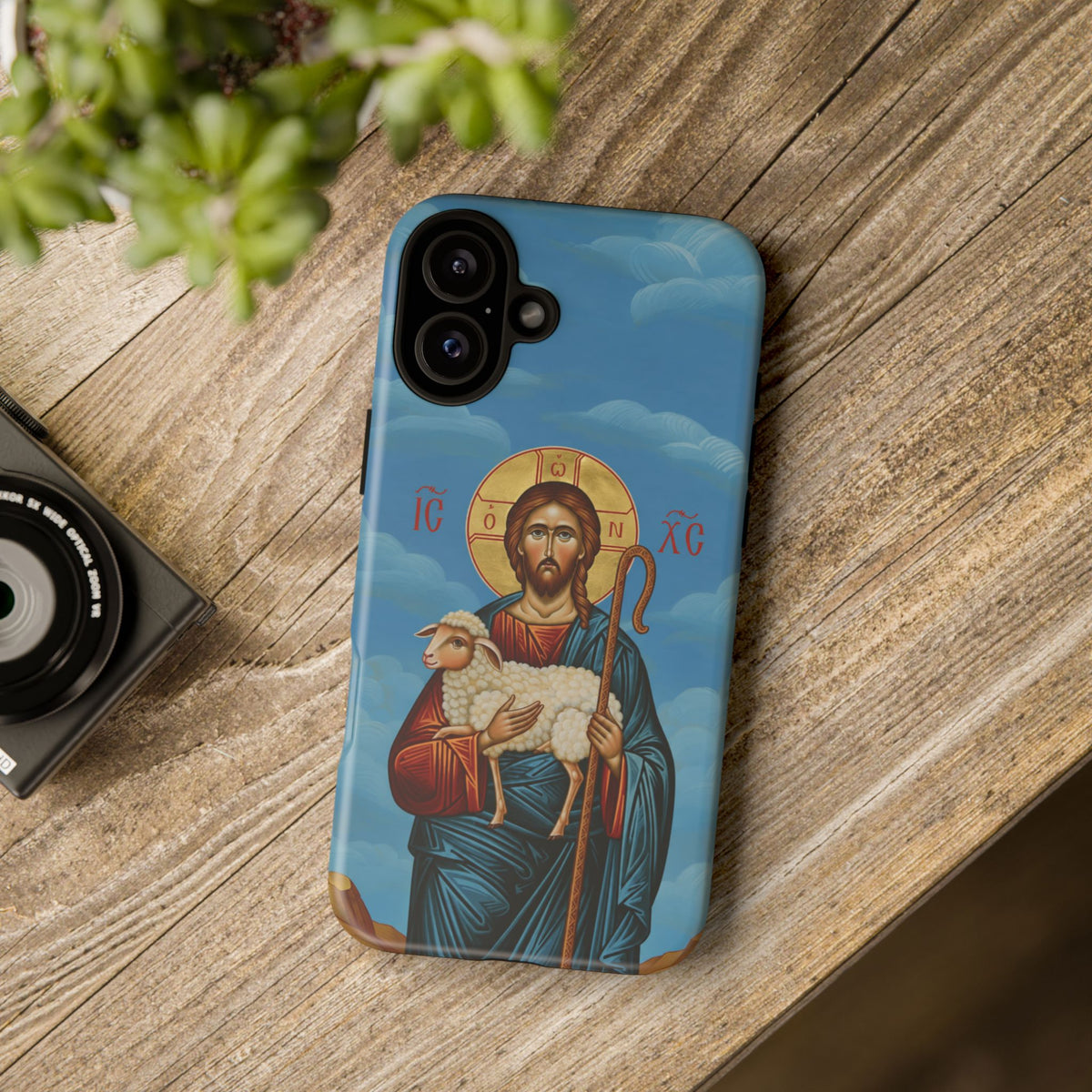 Christelijk telefoonhoesje De Goede Herder blauw mat