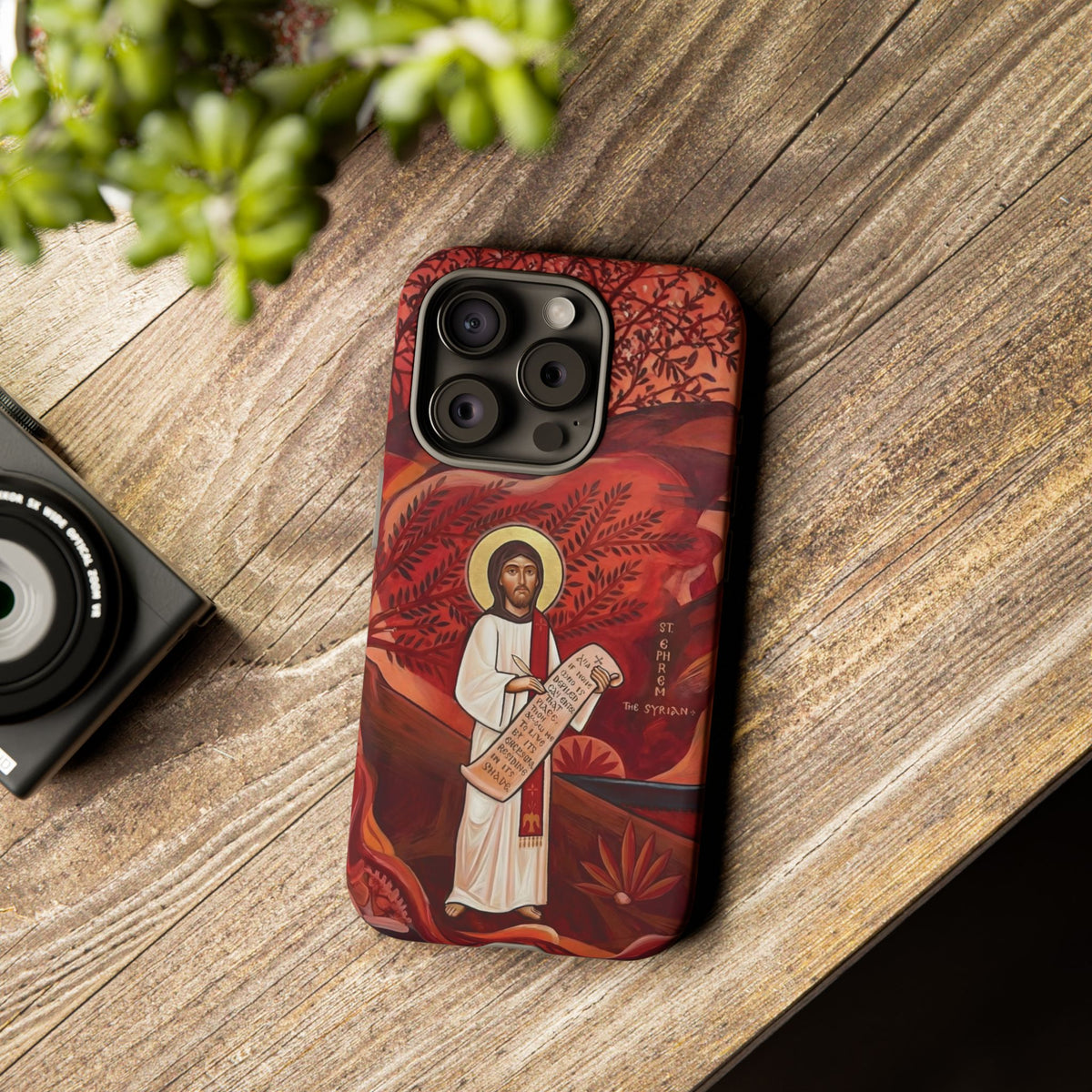 Christelijk telefoonhoesje Sint-Efrem de Syriër rood mat