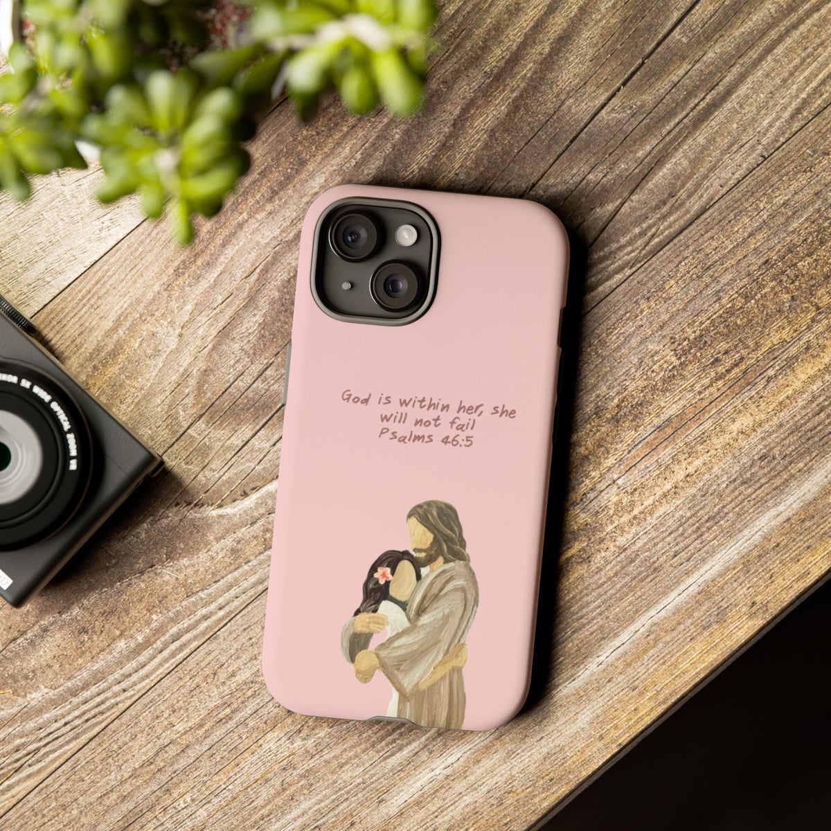Christelijk telefoonhoesje God is in haar roze mat