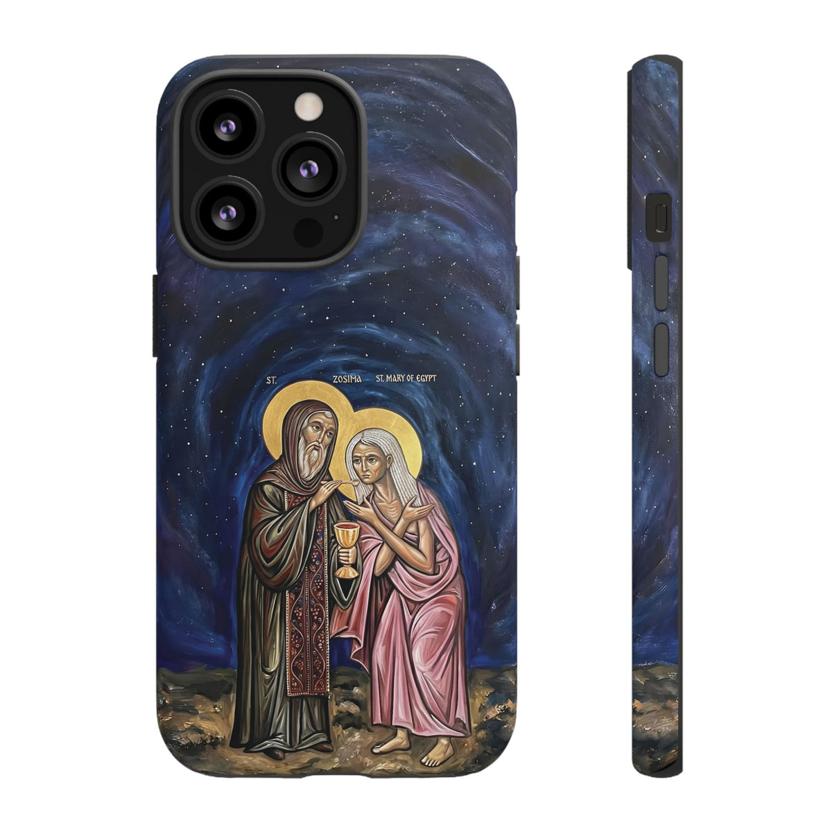 Christelijk telefoonhoesje Maria van Egypte en Sint-Zosimas donkerblauw mat