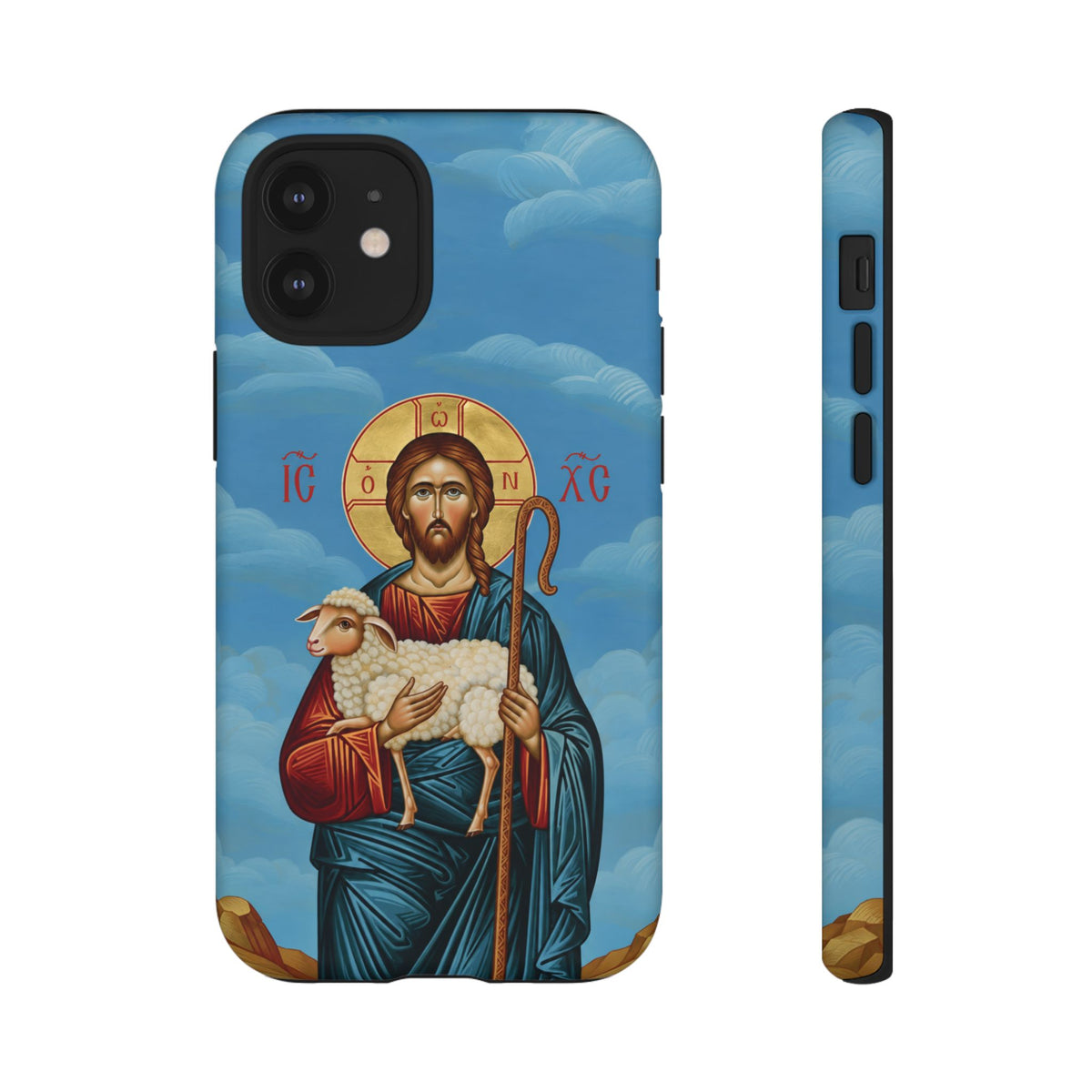 Christelijk telefoonhoesje De Goede Herder blauw mat