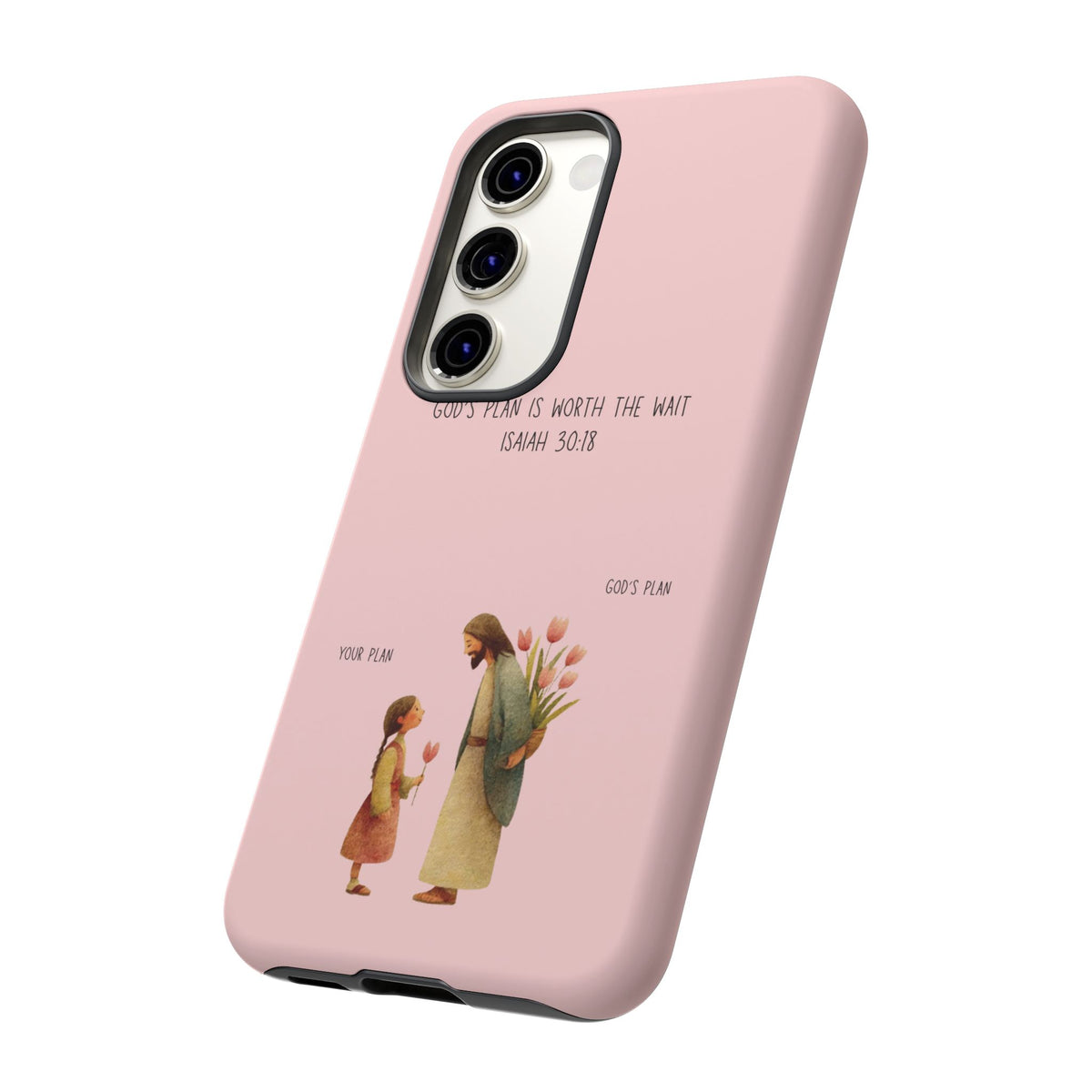 Christelijk telefoonhoesje Gods plan is beter roze mat