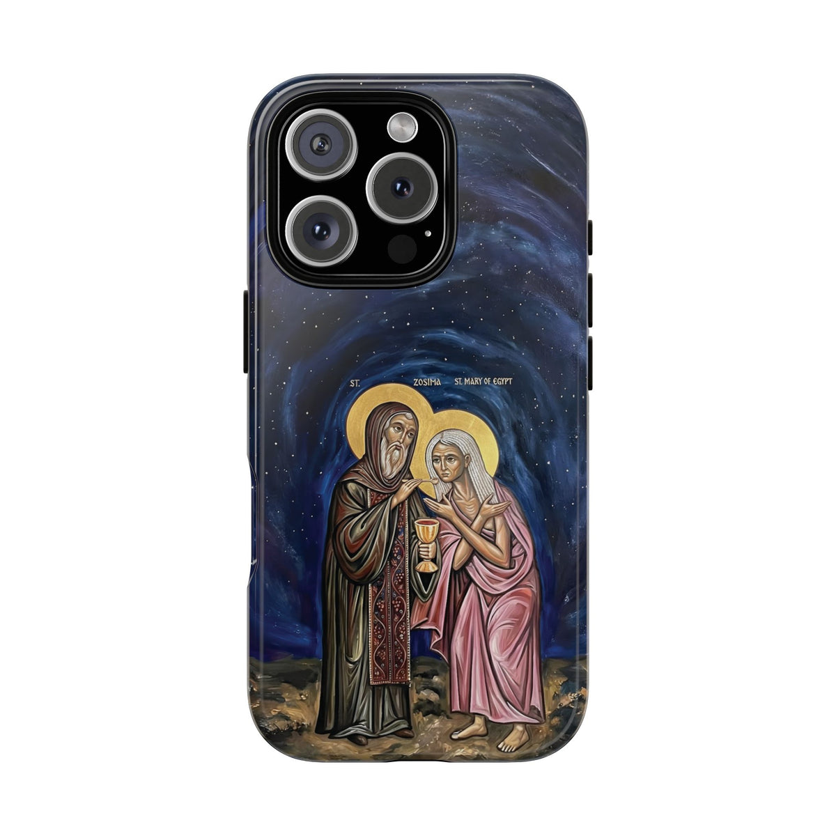 Christelijk telefoonhoesje Maria van Egypte en Sint-Zosimas donkerblauw mat