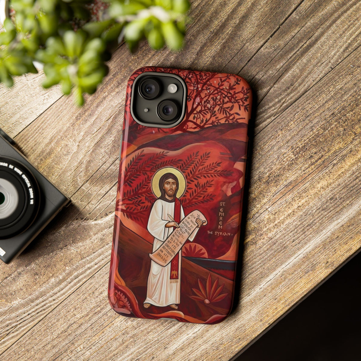 Christelijk telefoonhoesje Sint-Efrem de Syriër rood mat