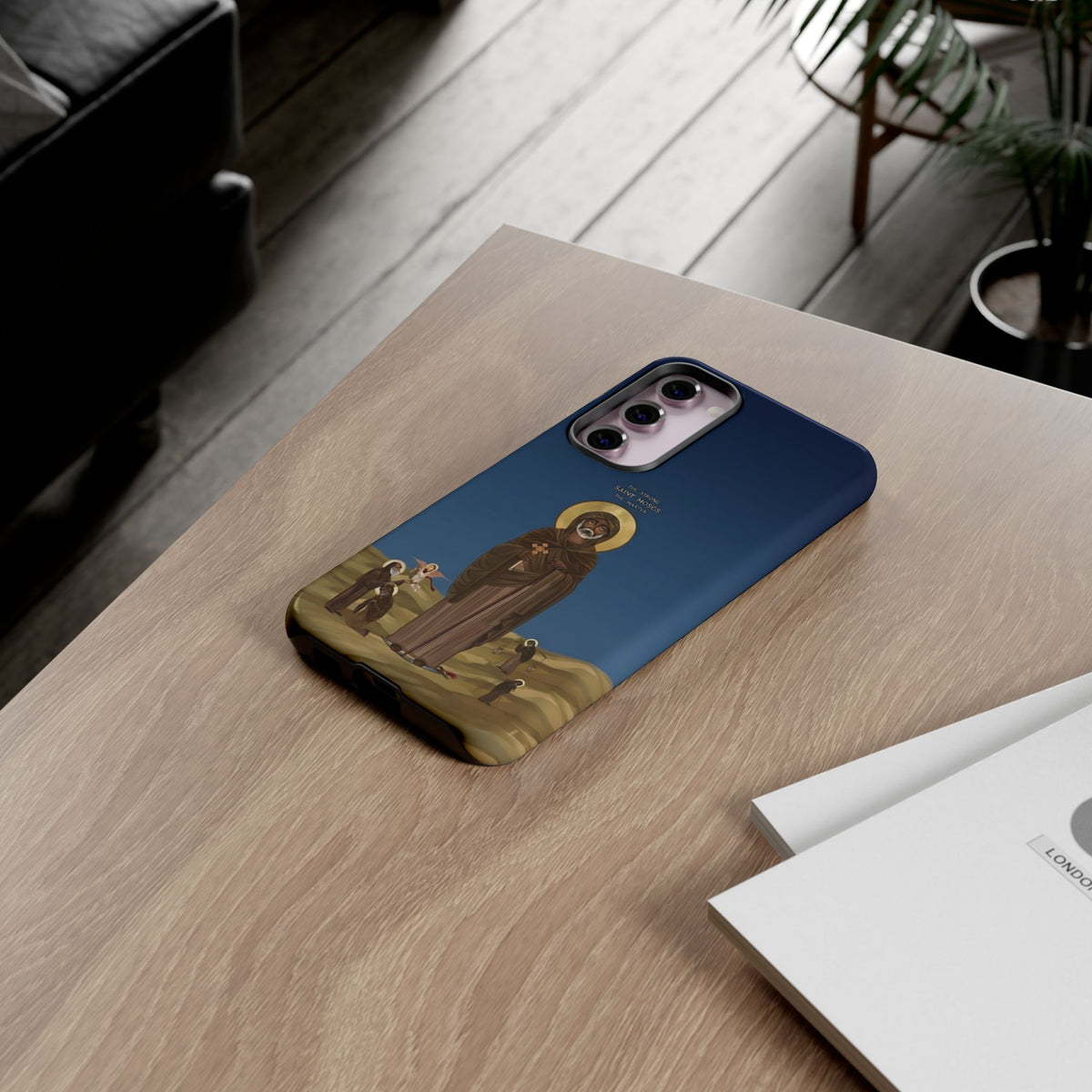 Christelijk telefoonhoesje Sint-Mozes de Sterke blauw mat