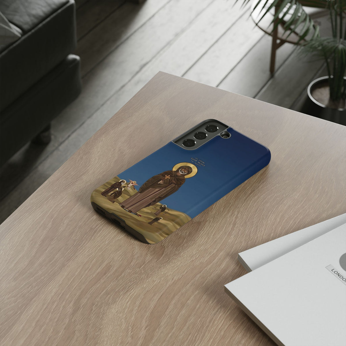 Christelijk telefoonhoesje Sint-Mozes de Sterke blauw mat