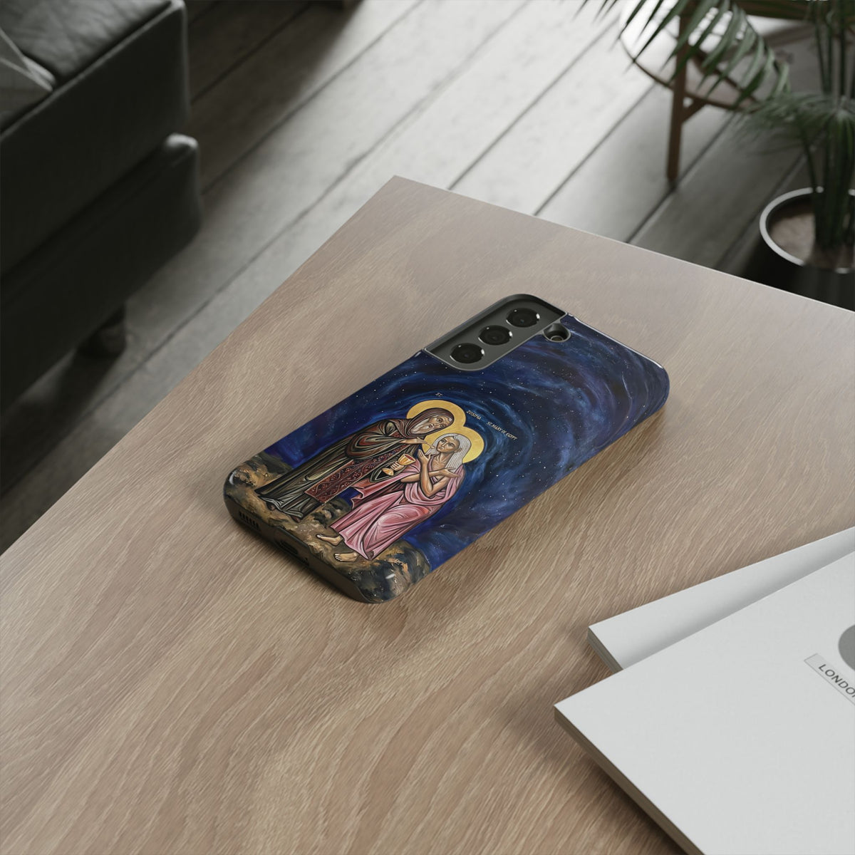 Christelijk telefoonhoesje Maria van Egypte en Sint-Zosimas donkerblauw mat