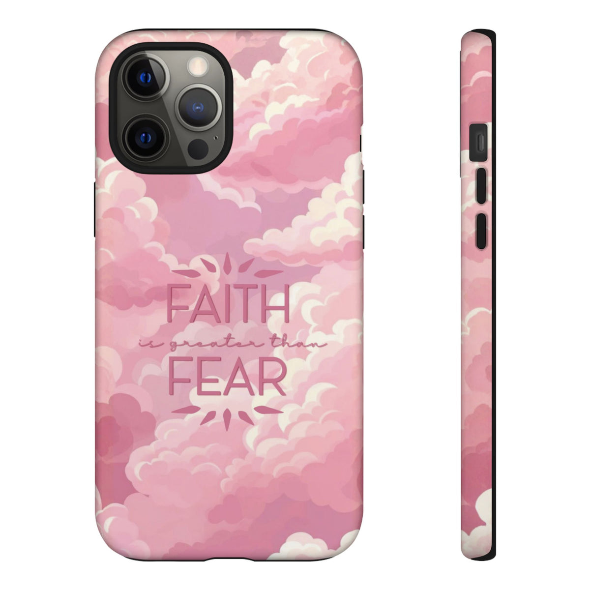 Christelijk telefoonhoesje Geloof is sterker dan angst roze mat