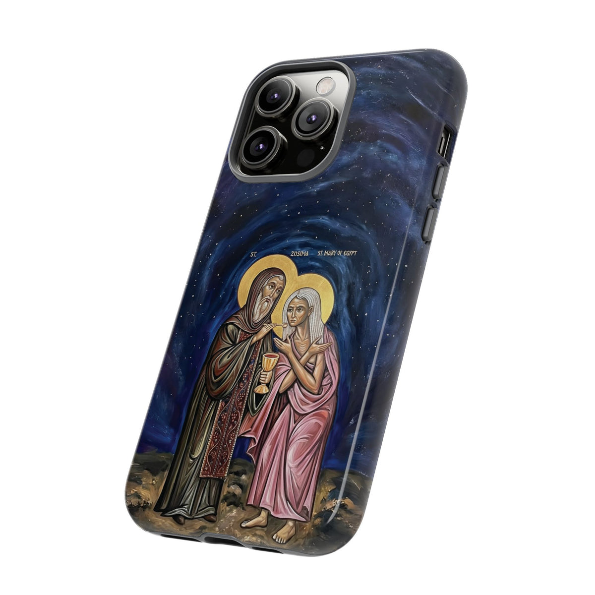 Christelijk telefoonhoesje Maria van Egypte en Sint-Zosimas donkerblauw mat