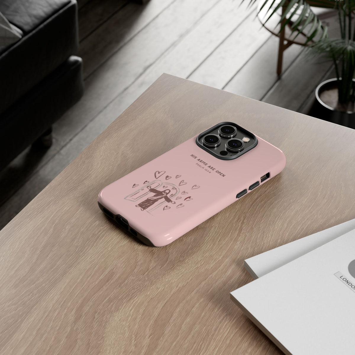 Christelijk telefoonhoesje Zijn armen staan open roze mat