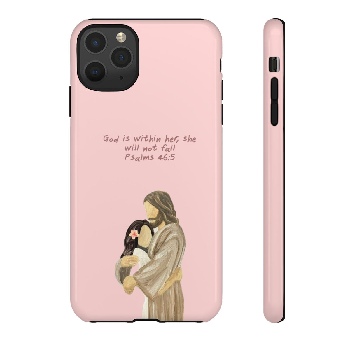 Christelijk telefoonhoesje God is in haar roze mat