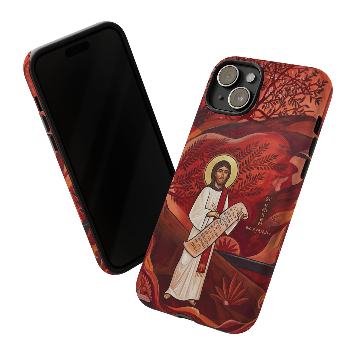 Christelijk telefoonhoesje Sint-Efrem de Syriër rood mat