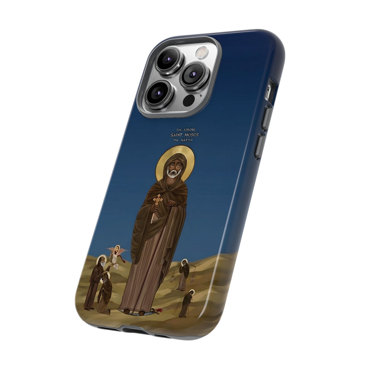 Christelijk telefoonhoesje Sint-Mozes de Sterke blauw mat
