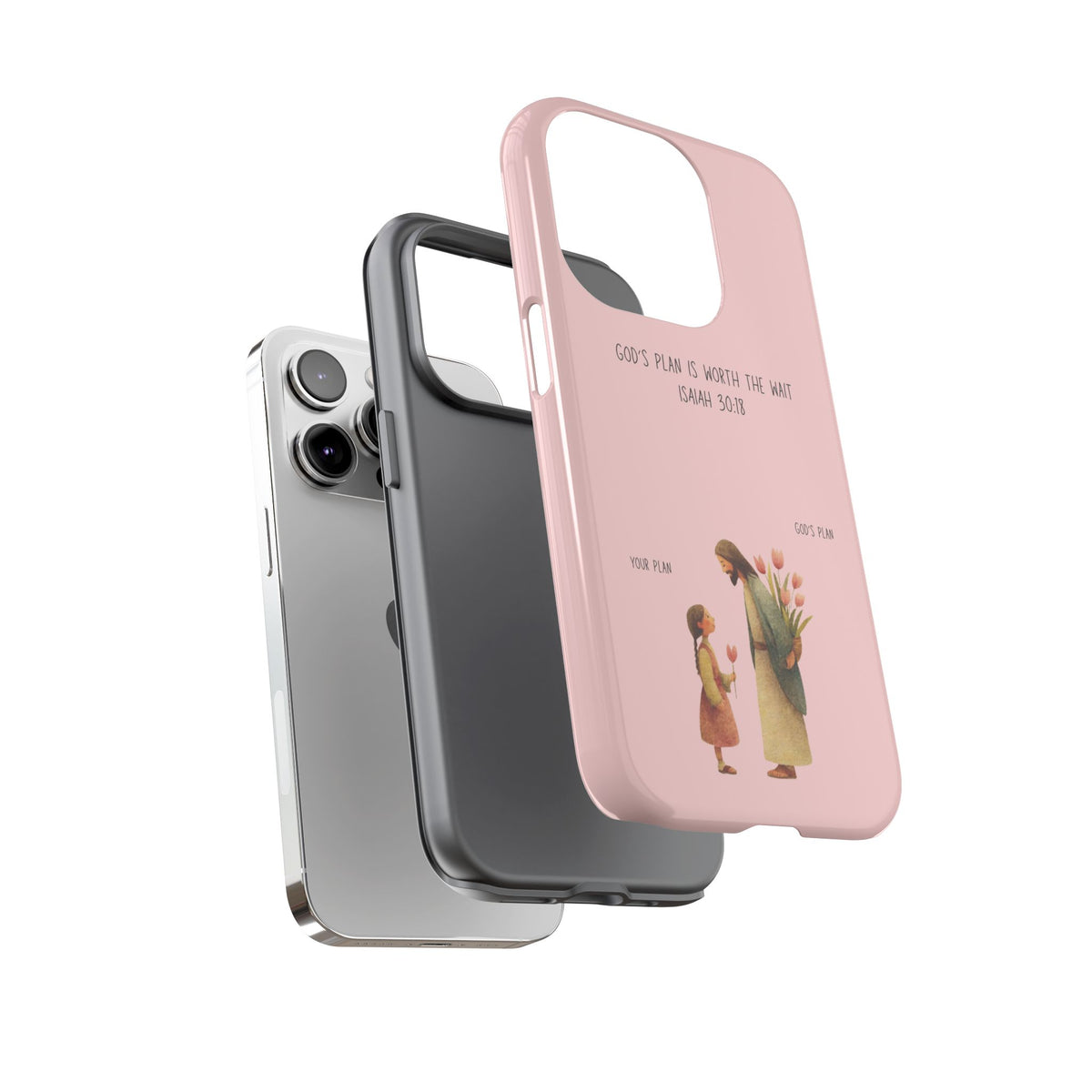 Christelijk telefoonhoesje Gods plan is beter roze mat