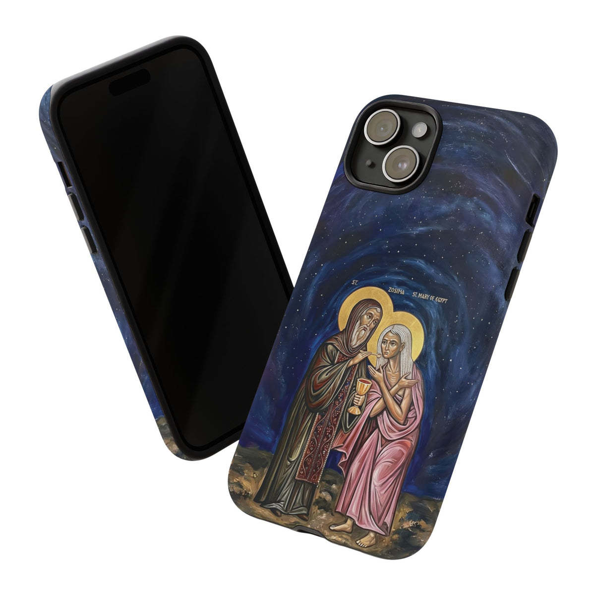 Christelijk telefoonhoesje Maria van Egypte en Sint-Zosimas donkerblauw mat