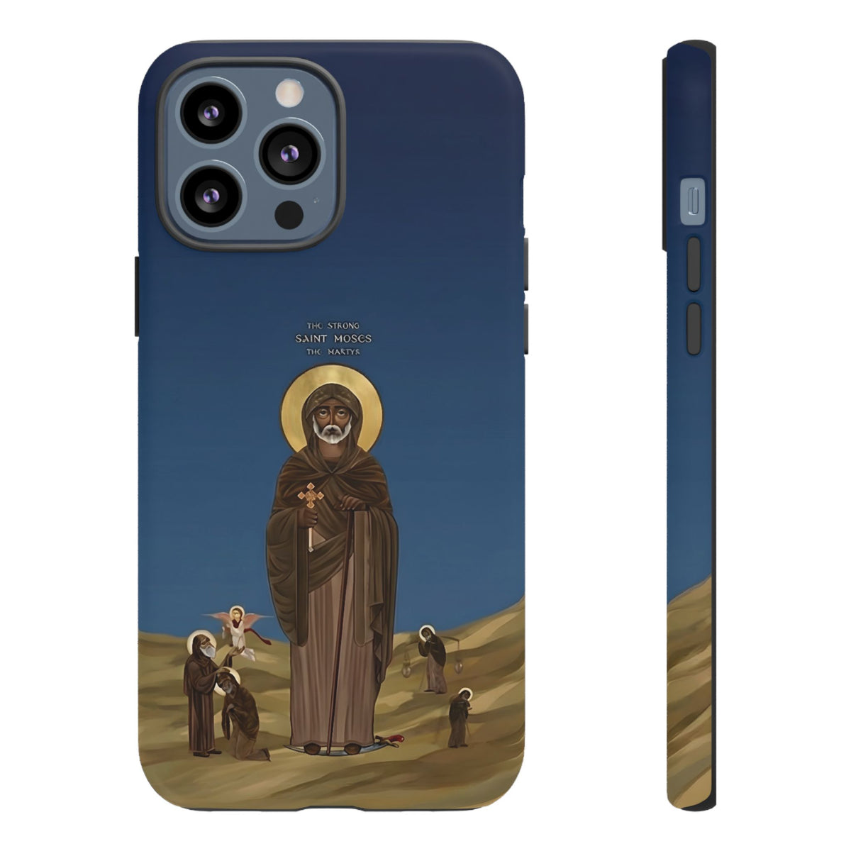 Christelijk telefoonhoesje Sint-Mozes de Sterke blauw mat