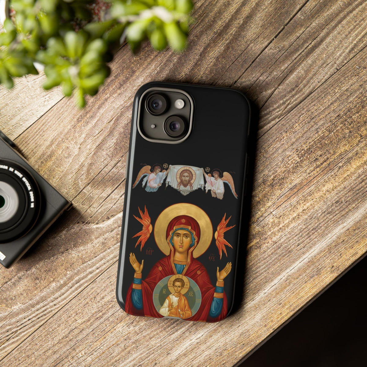 Christelijk telefoonhoesje De Heilige Maagd Maria zwart mat