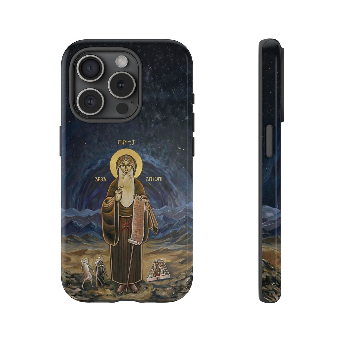 Christelijk telefoonhoesje Sint-Antonius de Grote donkerblauw mat