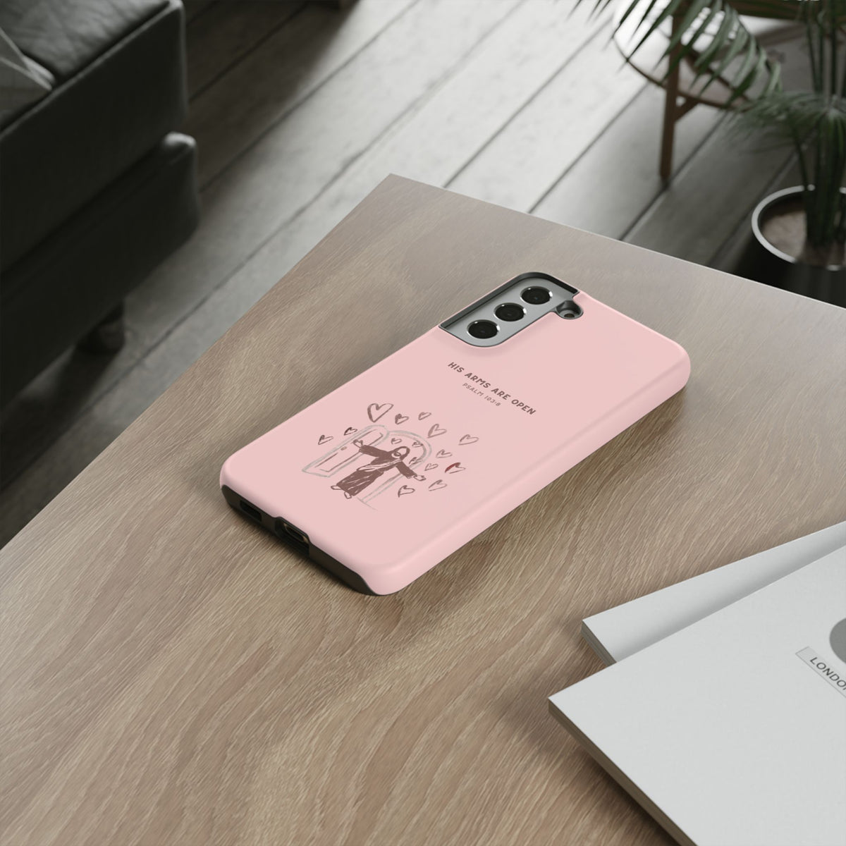 Christelijk telefoonhoesje Zijn armen staan open roze mat
