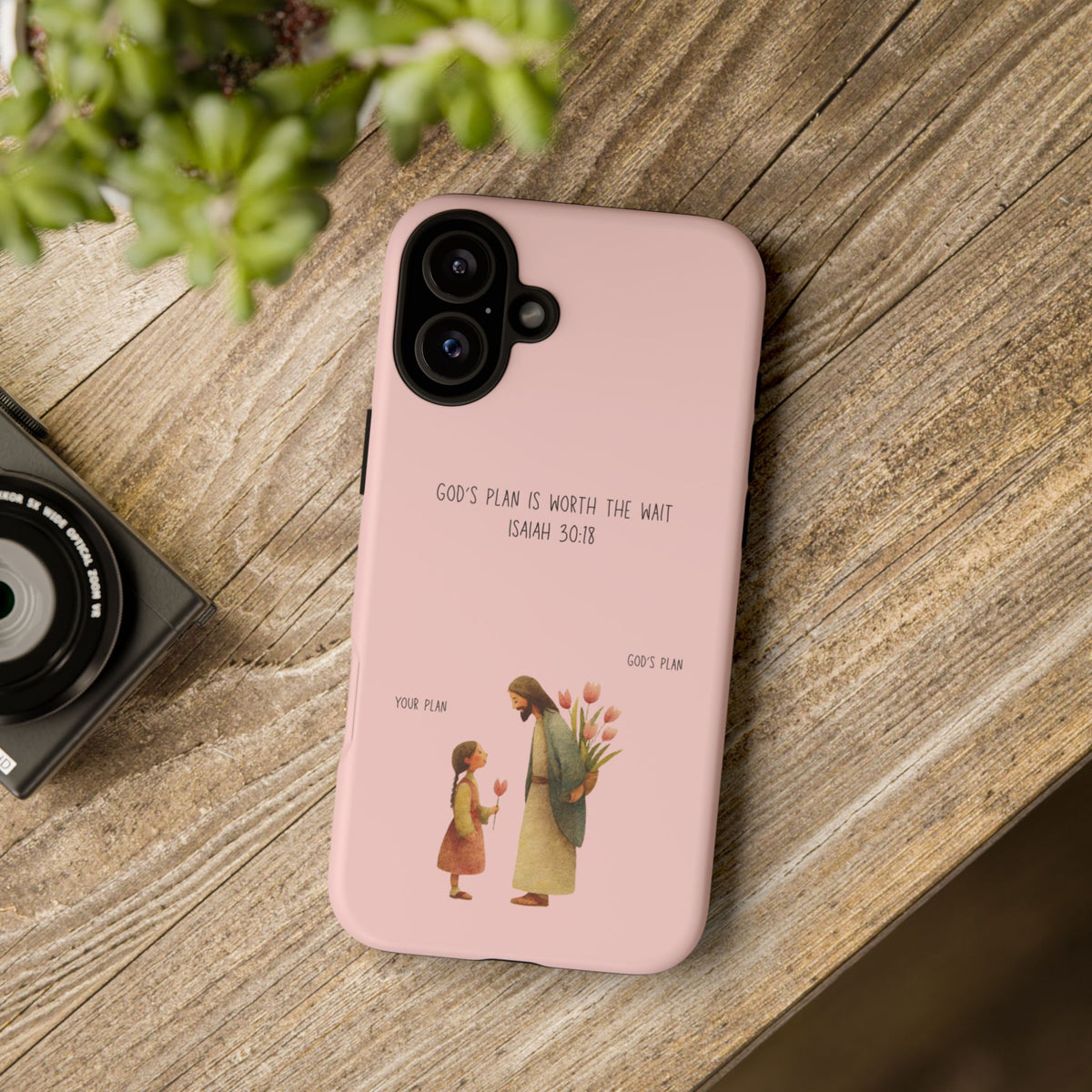 Christelijk telefoonhoesje Gods plan is beter roze mat