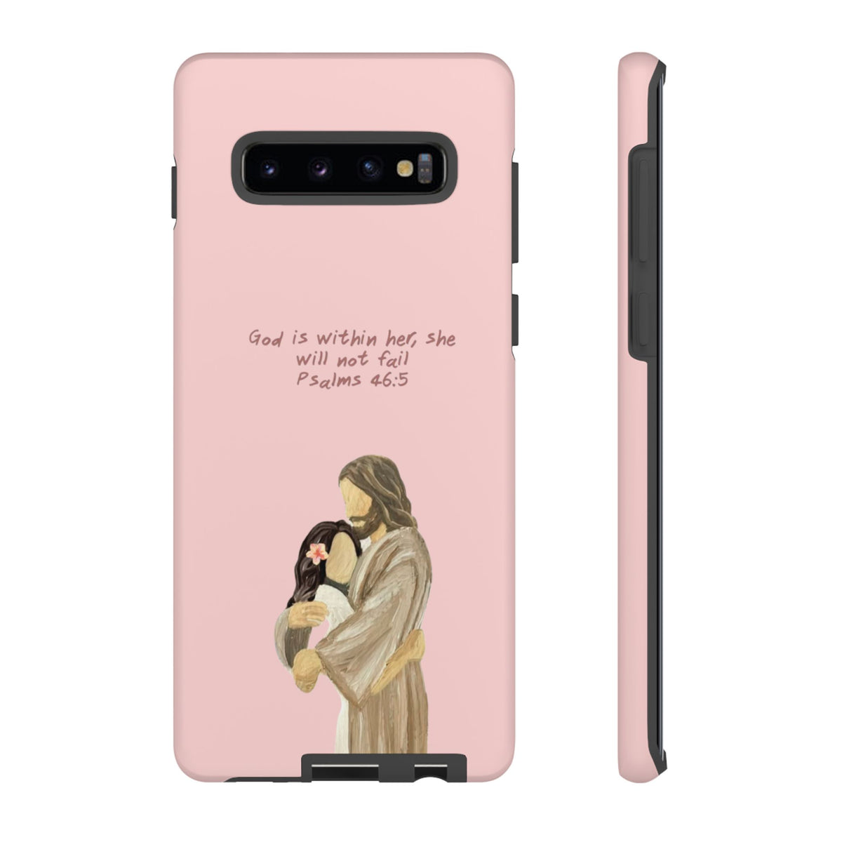 Christelijk telefoonhoesje God is in haar roze mat