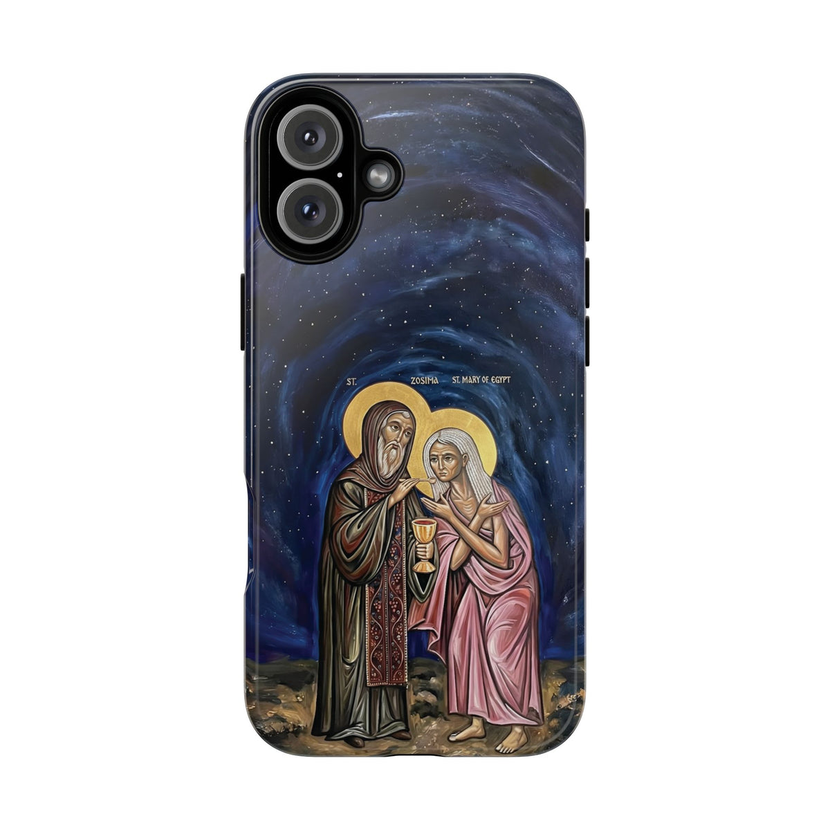 Christelijk telefoonhoesje Maria van Egypte en Sint-Zosimas donkerblauw mat