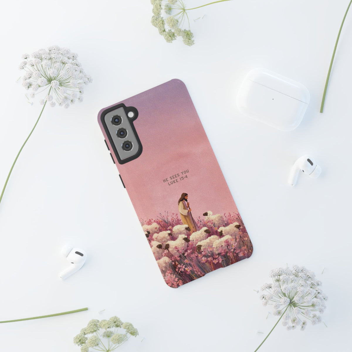 Christelijk telefoonhoesje Hij ziet jou roze mat