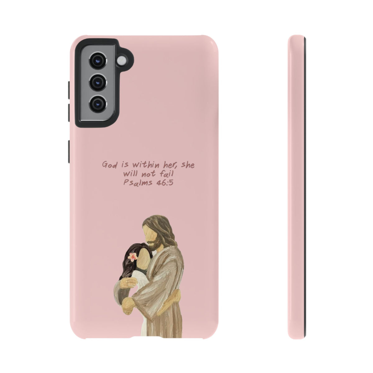 Christelijk telefoonhoesje God is in haar roze mat
