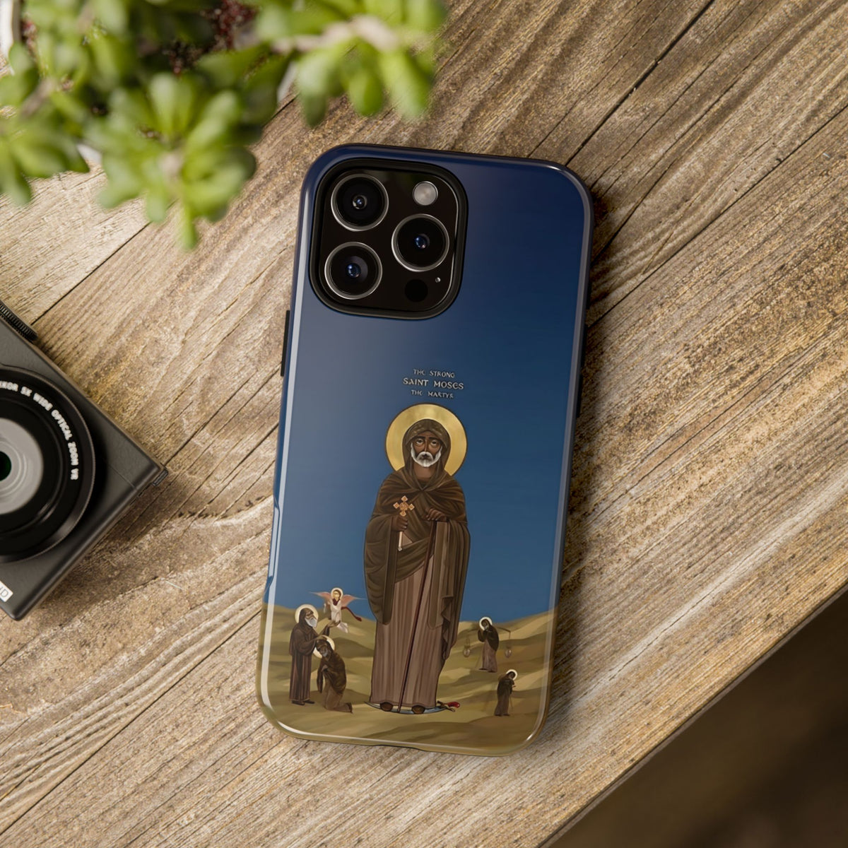 Christelijk telefoonhoesje Sint-Mozes de Sterke blauw mat