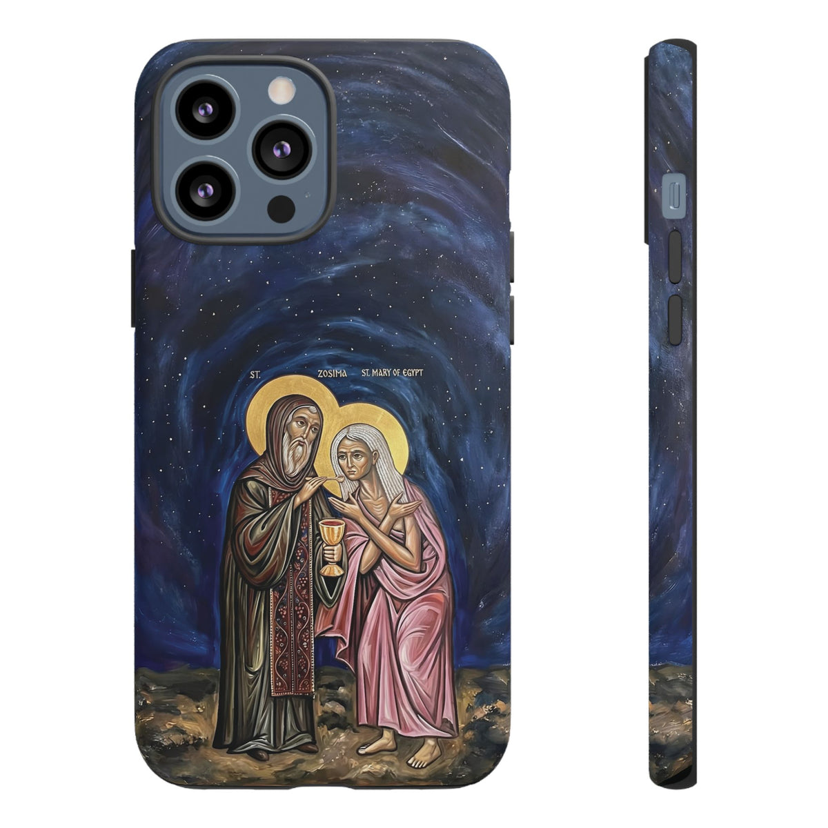 Christelijk telefoonhoesje Maria van Egypte en Sint-Zosimas donkerblauw mat