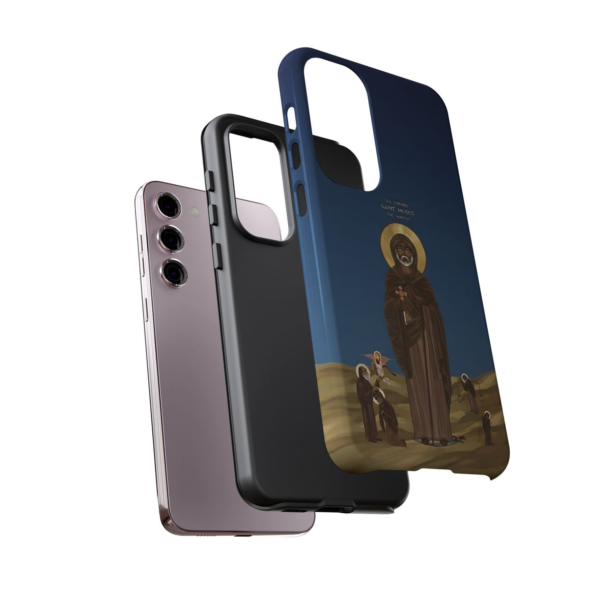 Christelijk telefoonhoesje Sint-Mozes de Sterke blauw mat