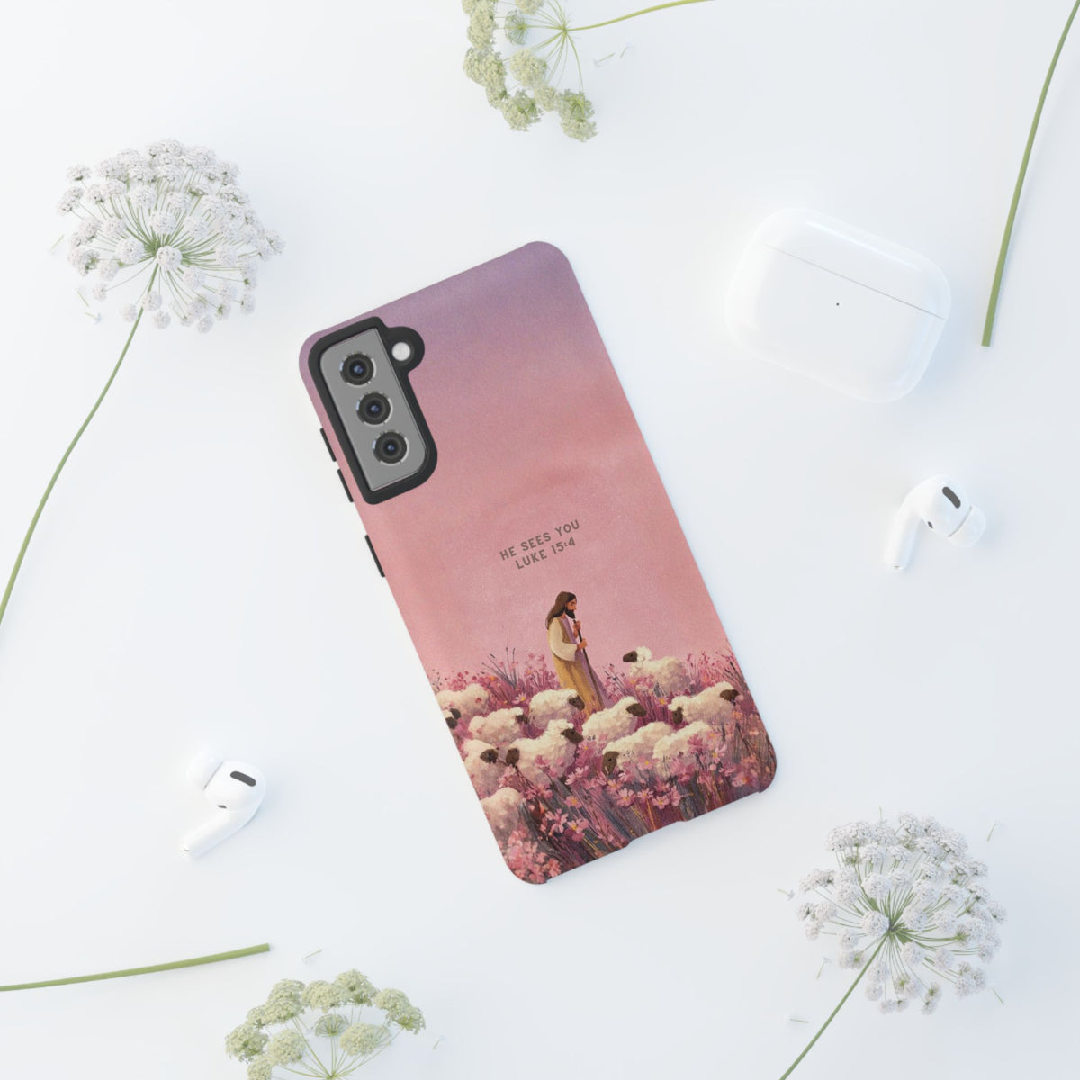 Christelijk telefoonhoesje Hij ziet jou roze mat
