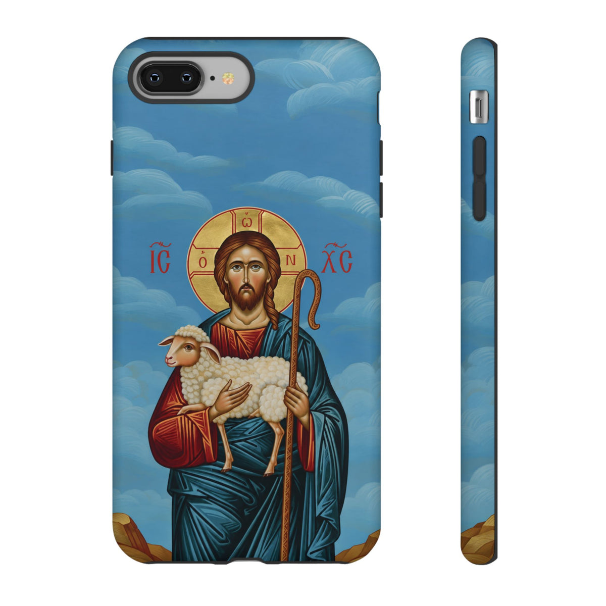 Christelijk telefoonhoesje De Goede Herder blauw mat