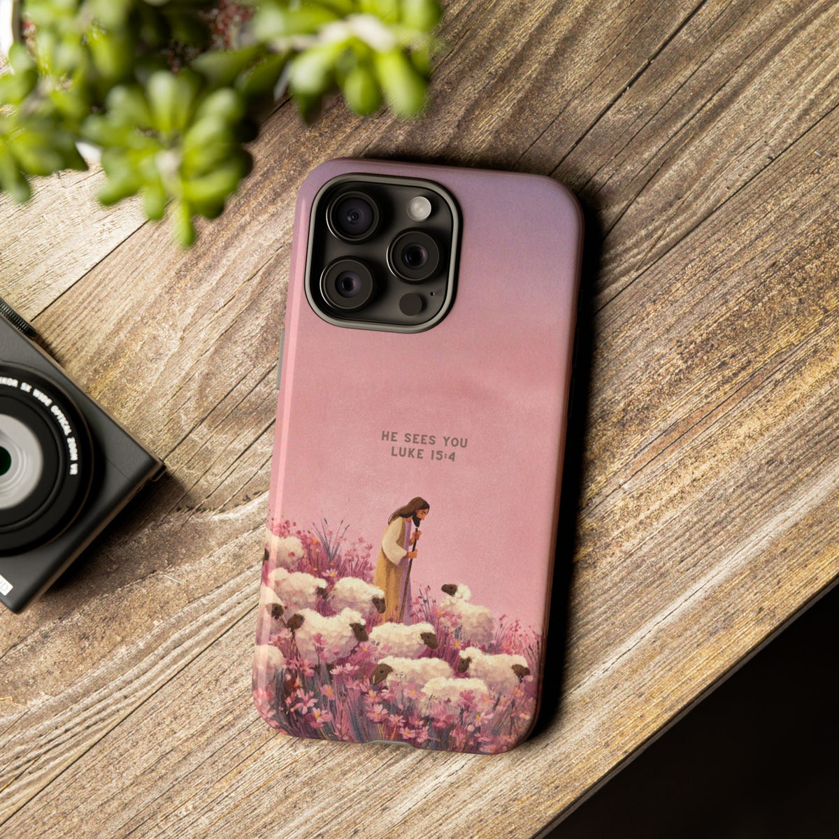 Christelijk telefoonhoesje Hij ziet jou roze mat