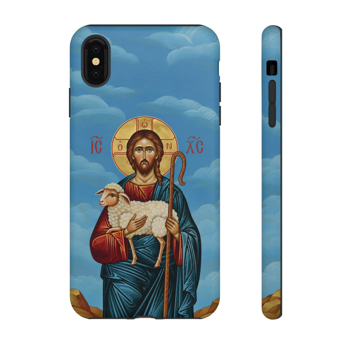 Christelijk telefoonhoesje De Goede Herder blauw mat