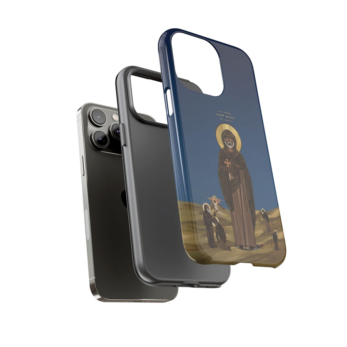 Christelijk telefoonhoesje Sint-Mozes de Sterke blauw mat