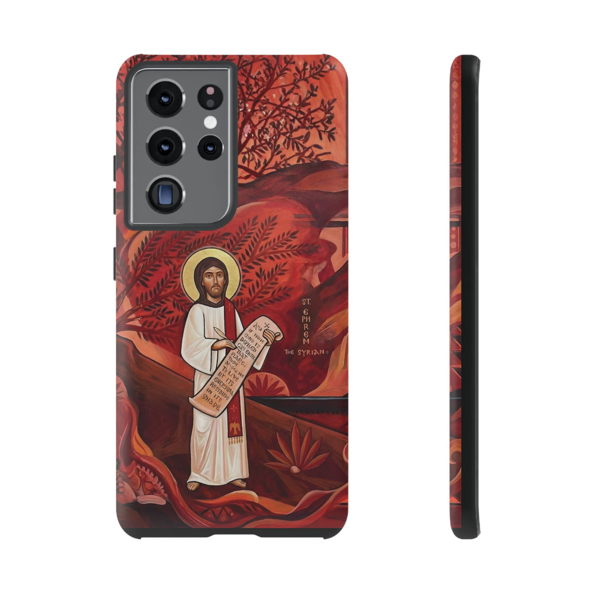 Christelijk telefoonhoesje Sint-Efrem de Syriër rood mat