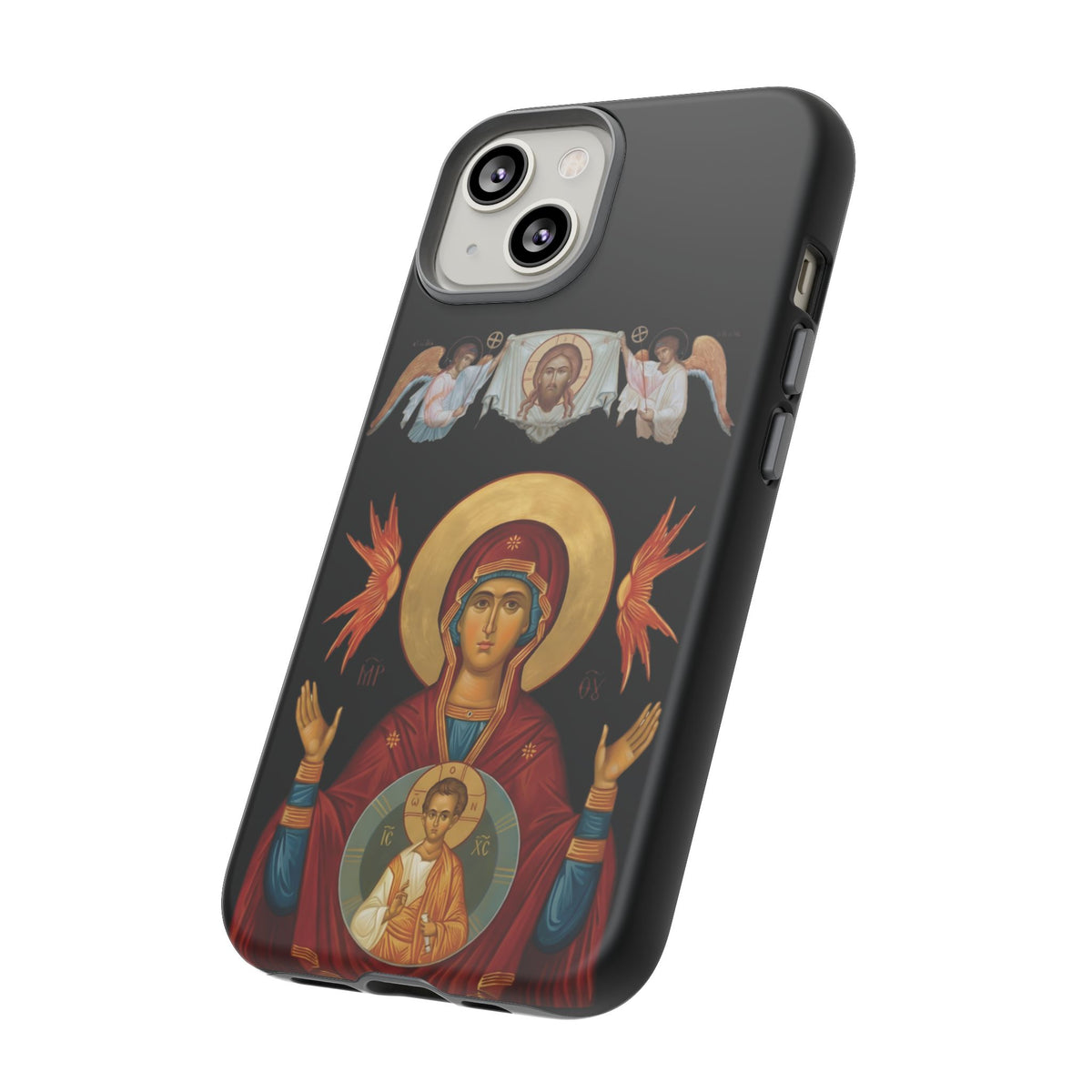 Christelijk telefoonhoesje De Heilige Maagd Maria zwart mat