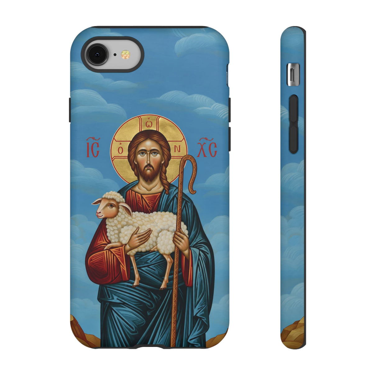 Christelijk telefoonhoesje De Goede Herder blauw mat