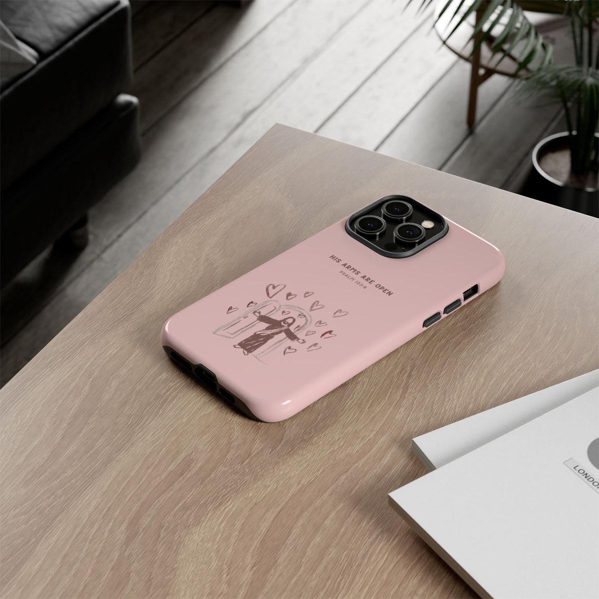 Christelijk telefoonhoesje Zijn armen staan open roze mat