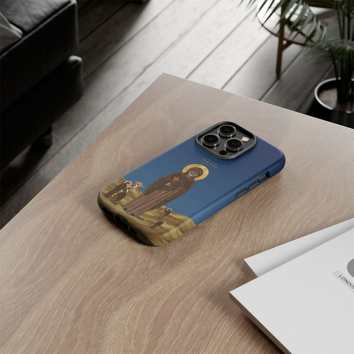 Christelijk telefoonhoesje Sint-Mozes de Sterke blauw mat