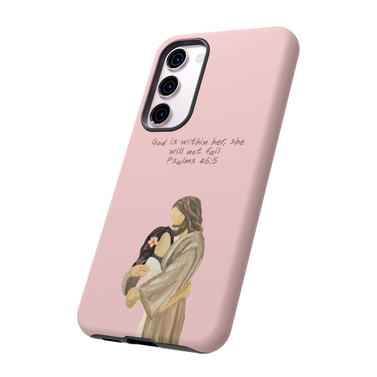 Christelijk telefoonhoesje God is in haar roze mat