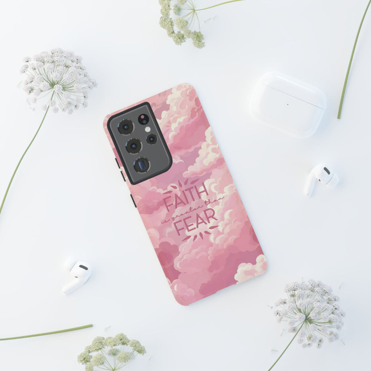 Christelijk telefoonhoesje Geloof is sterker dan angst roze mat